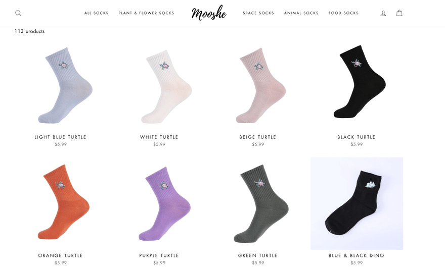 dropshipping store examples mooshe socks dropshipping store mooshe socks showing two rows of 4 socks in different colours