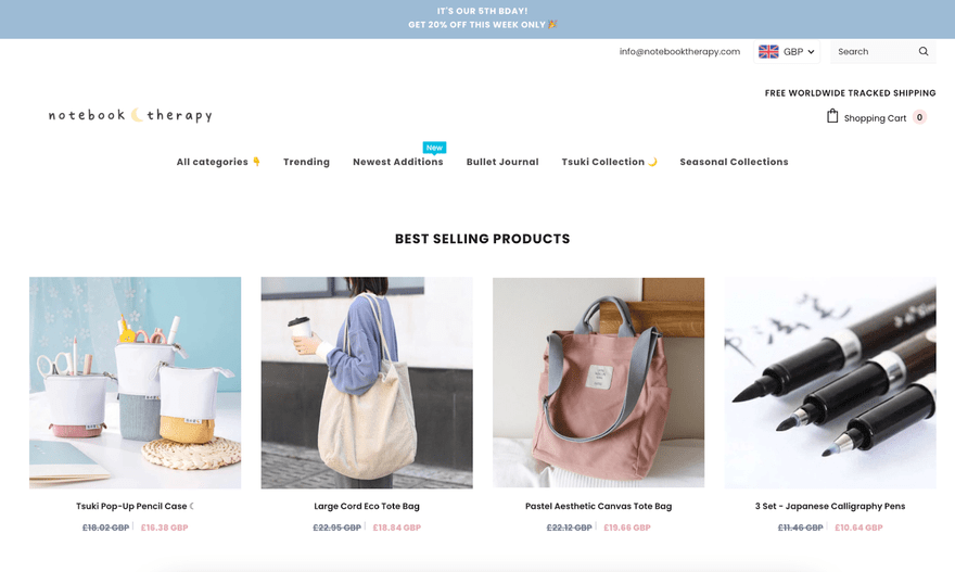 dropshipping store examples notebook therapy dropshipping store notebook therapy showcasing four different products in a soft pastel style