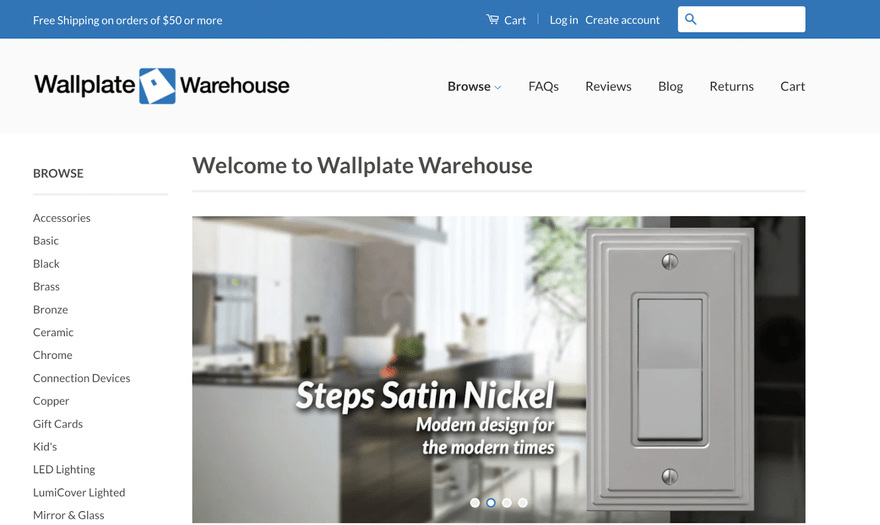 dropshipping store examples wallplate warehouse dropshipping store wallplate warehouse homepage showcasing a wallplate in Steps Satin Nickel with a out of focus kitchen behind