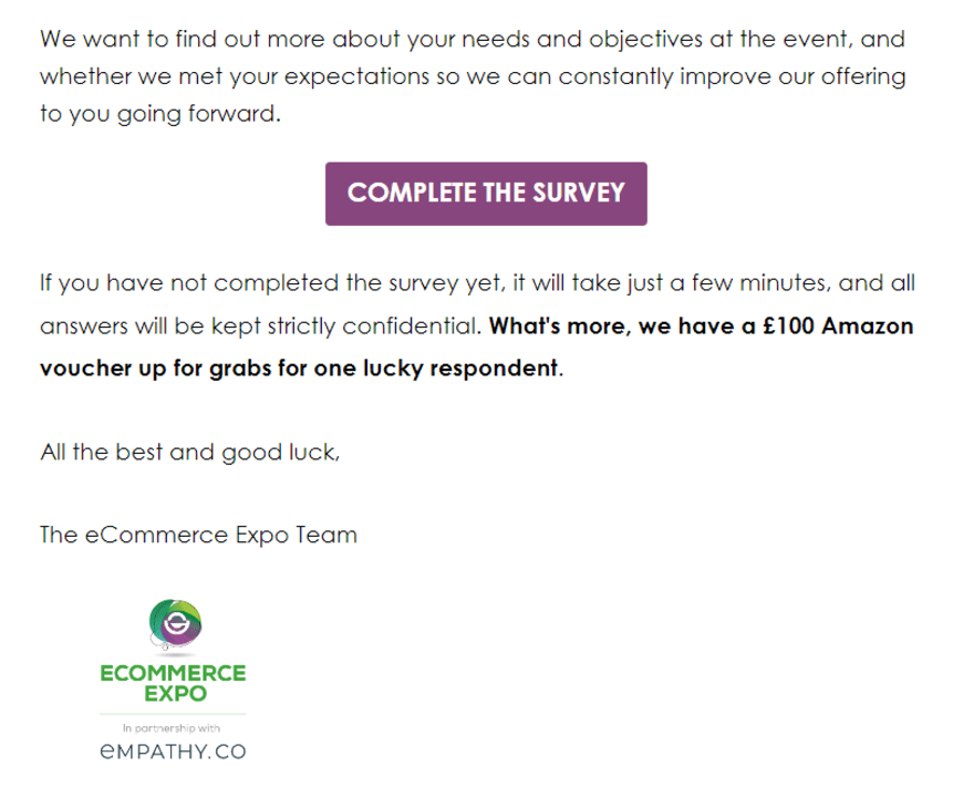 Ecommerce Expo review email Email featuring a button requesting feedback via a survey