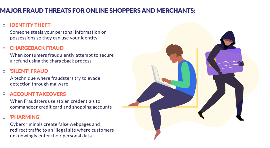 Ecommerce Fraud Types Infographic showing the different types of ecommerce fraud types.