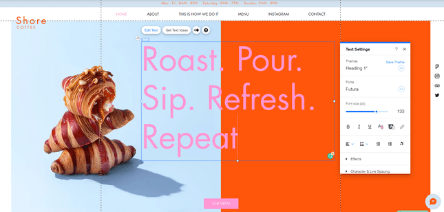 Editing on Wix Wix editor updating text for coffee page with bright blue and red background and pink text