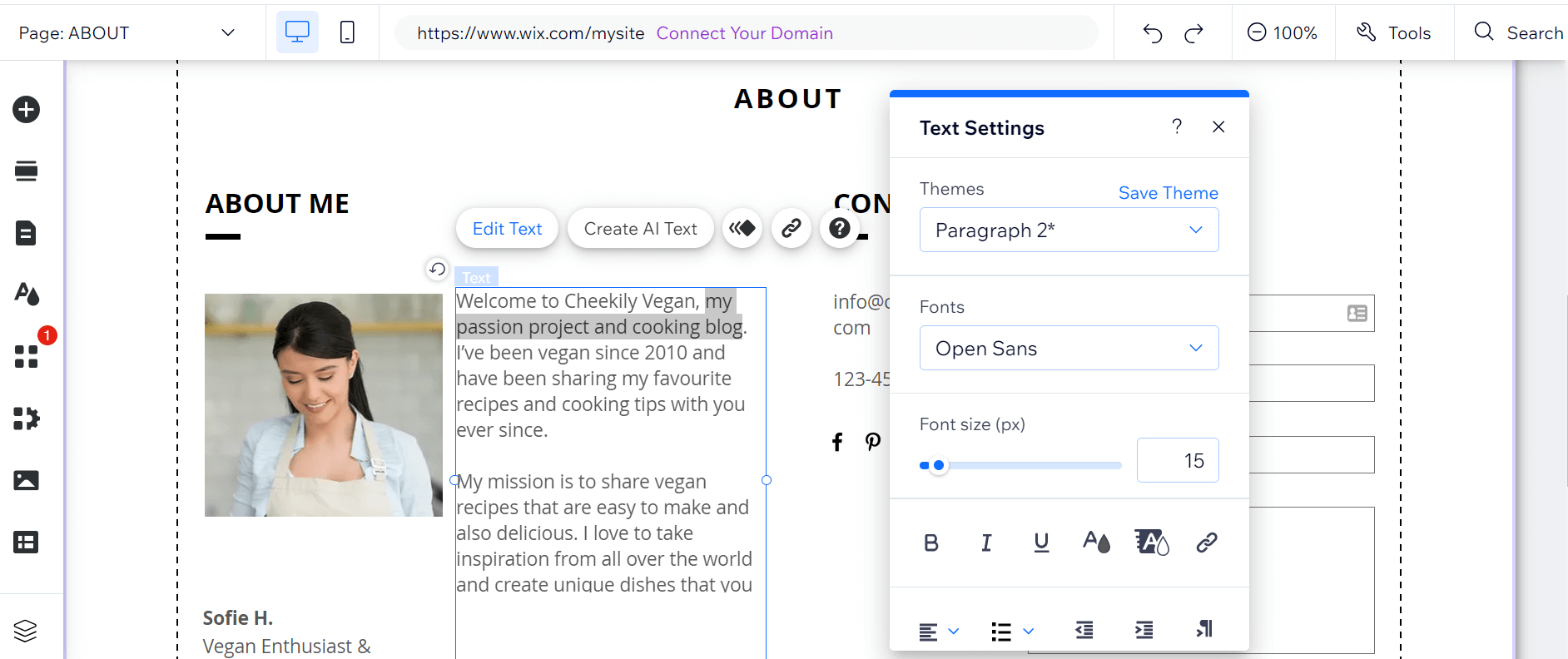 Wix text editor Editing text on a Wix demo website using the Wix text editor