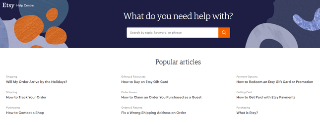 Etsy Help Center etsy help center with search bar and purple illustration and popular articles section underneath
