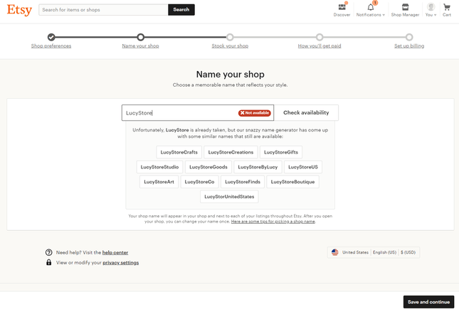 Etsy Set Up Process etsy set up process with progress bar at the top and a search bar for choosing a store name