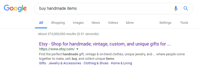 Etsy Traffic google SERP of "buy handmade items" with etsy appearing top