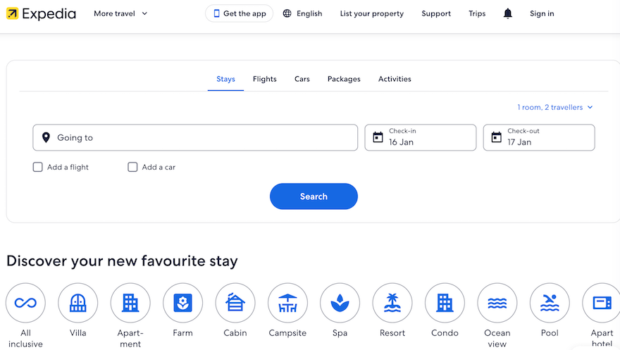 Expedia OTA website screenshot Expedia OTA website screenshot