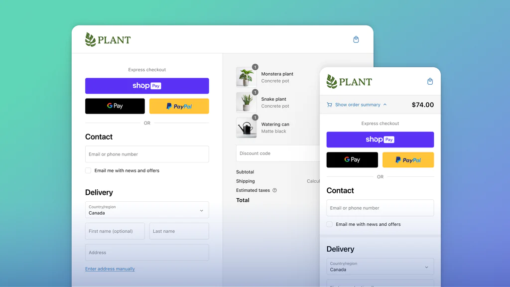 ezgif.com-webp-to-png a checkout page in both desktop and mobile layout on a green/blue gradient background