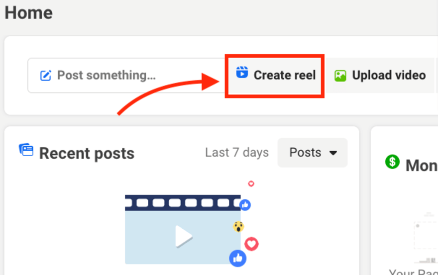 facebook reels settings Create reel highlighted on Facebook home