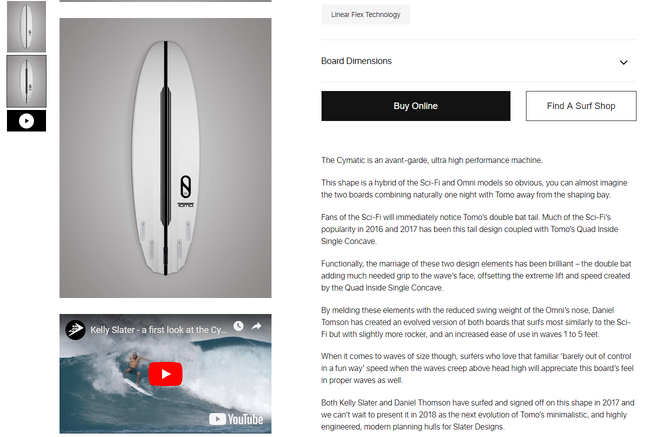 Firewire Surfboards Product Description BigCommerce Store Firewire Surfboards product page featuring a long description and product video