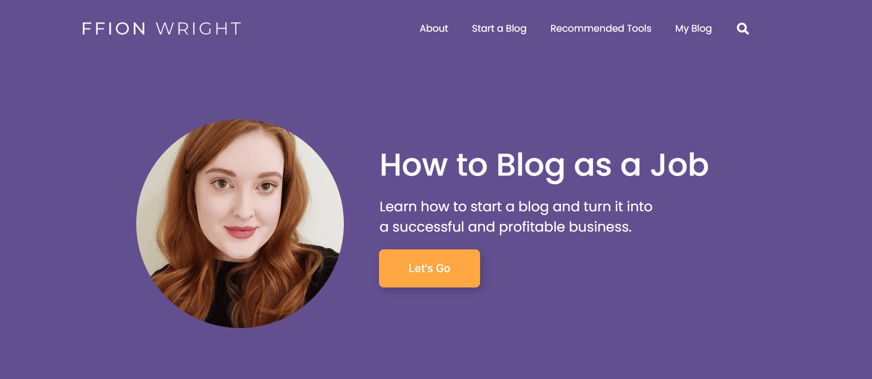 fwhomepage purple website with circular imge of rehaired woman with a white text and orange button to the side