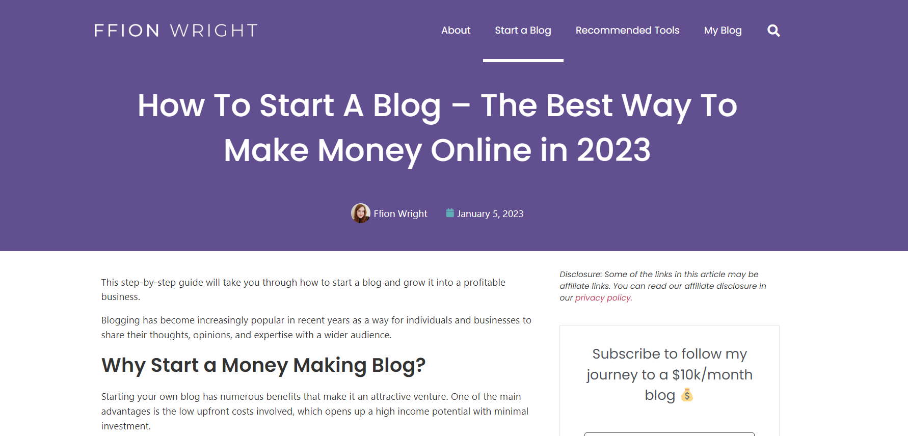 a blog screenshot with a yellow top half and white bottom half and white text