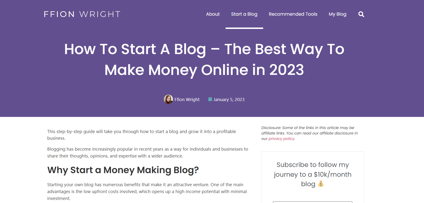 fwstartablog a blog screenshot with a yellow top half and white bottom half and white text