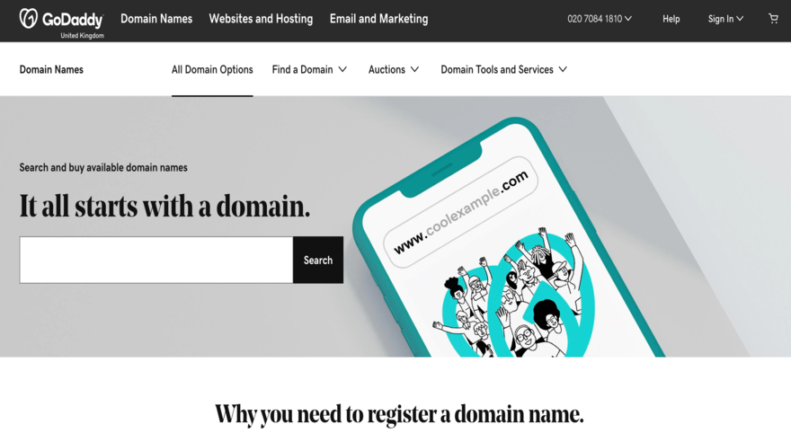 GoDaddy GoDaddy's website homepage