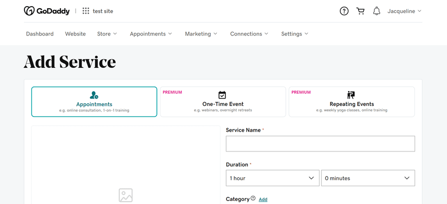 GoDaddy Add Service page Add Service page with option for one time events and duration of those events