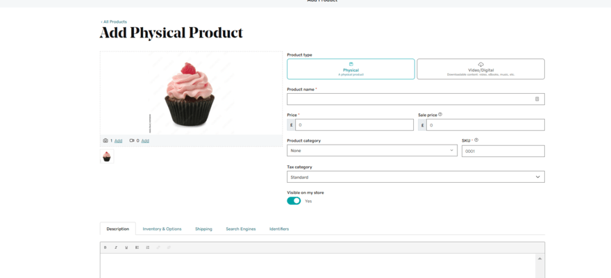 GoDaddy AI An image of GoDaddy's 'Add Physical Product' page. It has a white background with black text, with an image of a strawberry cupcake in the top-left corner. On the right are different empty fields waiting to be populated with product information.