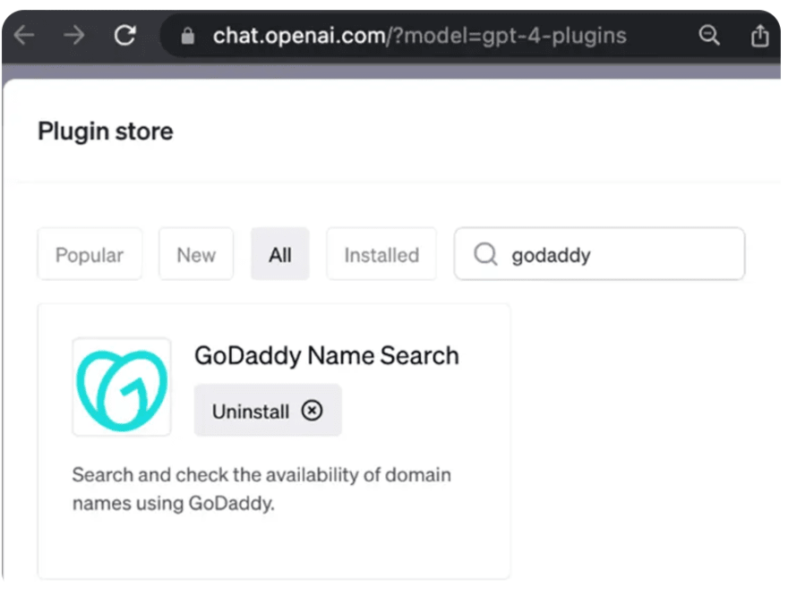 GoDaddy ChatGPT The GoDaddy logo next to a name search plugin.