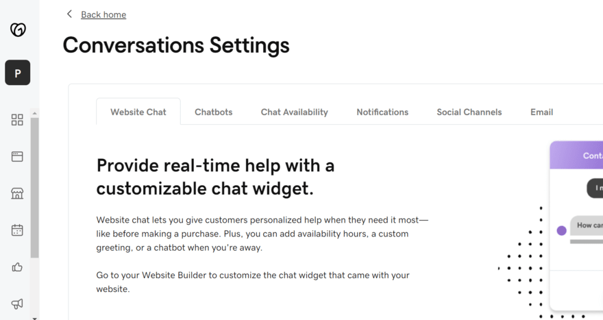 GoDaddy Conversations dashboard GoDaddy Conversations dashboard featuring settings