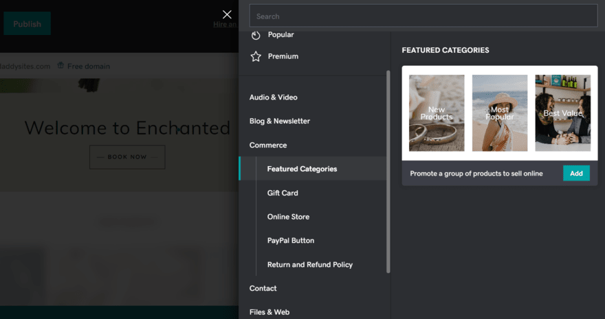 GoDaddy ecommerce design sections Ecommerce design elements for GoDaddy's website editor