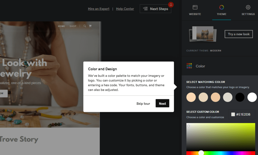 GoDaddy website editor tour pop up describing colors and design