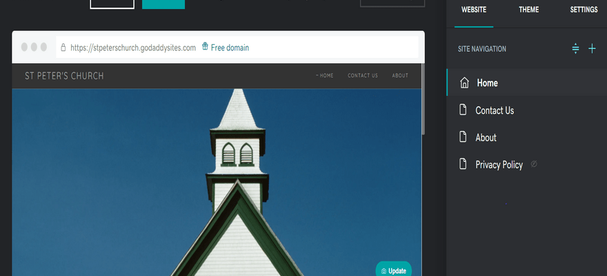 A church website being worked on in GoDaddy's editor