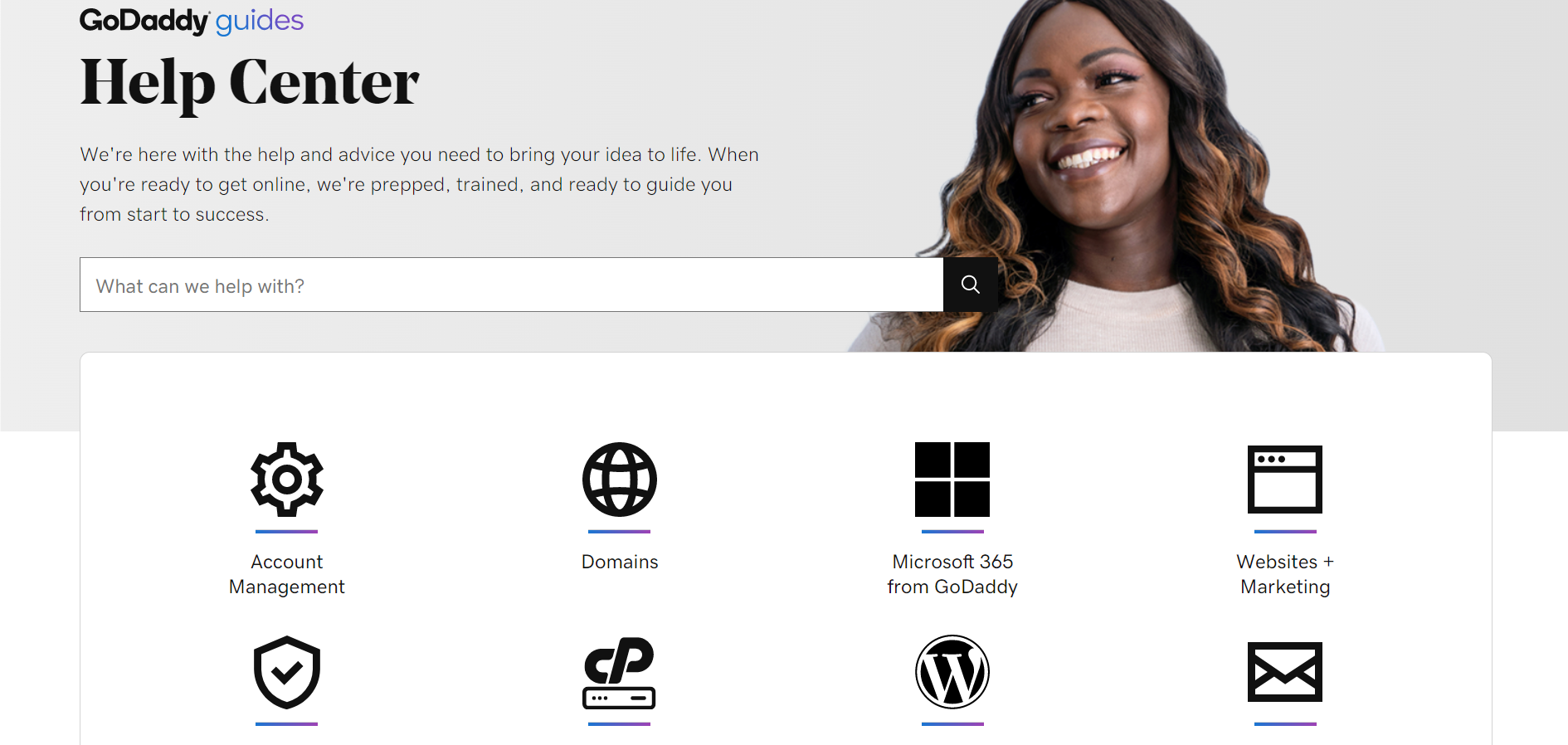 GoDaddy help and support GoDaddy help center page showing a search bar and the different support categories