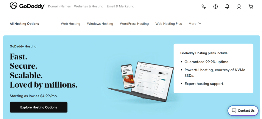 GoDaddy hosting homepage GoDaddy Hosting homepage with a button inviting visitors to explore hosting options