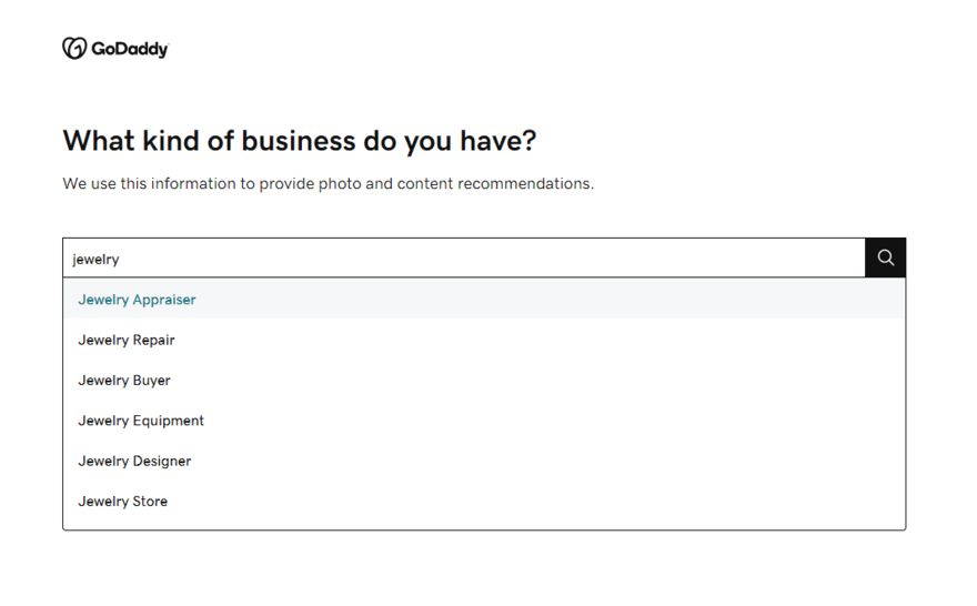 GoDaddy onboarding asking what kind of business you have