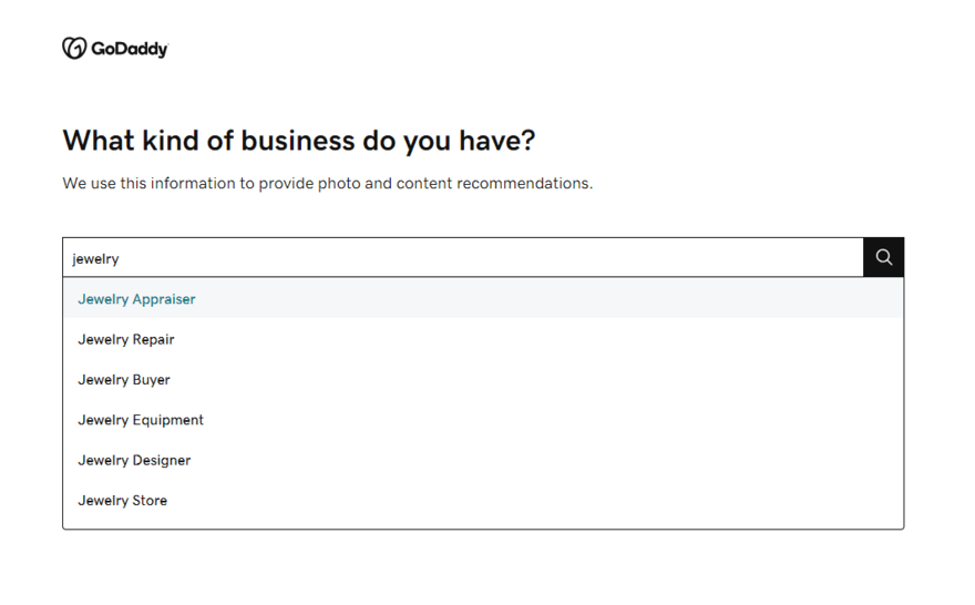 GoDaddy onboarding questions GoDaddy onboarding asking what kind of business you have