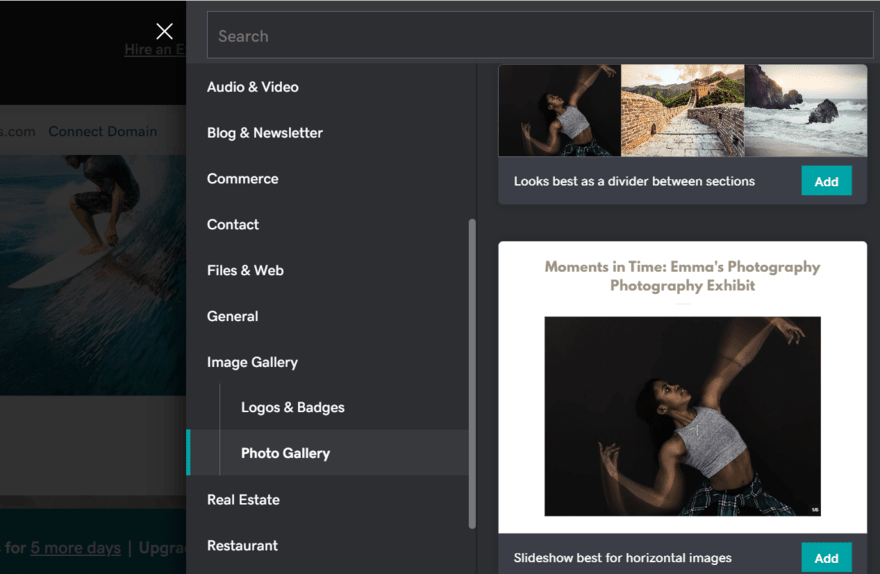 Library of photo gallery elements in GoDaddy's website editor