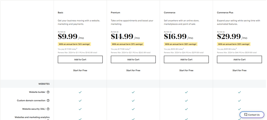 GoDaddy Pricing Plans A screenshot of GoDaddy's main price plans.