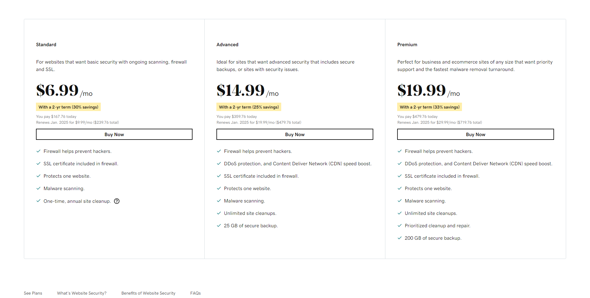 godaddy security prices trio of prices and summaries of security plans for GoDaddy