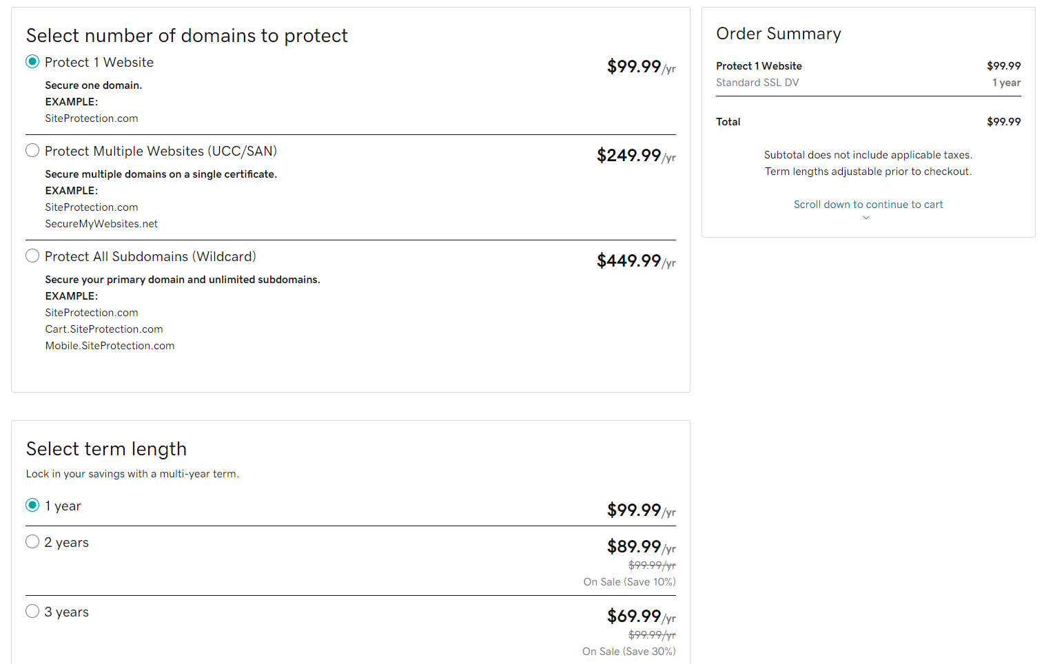 godaddy SSL prices checkout page of ssl certificates from GoDaddy