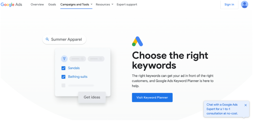 Google keywords Homepage for Google keyword planner