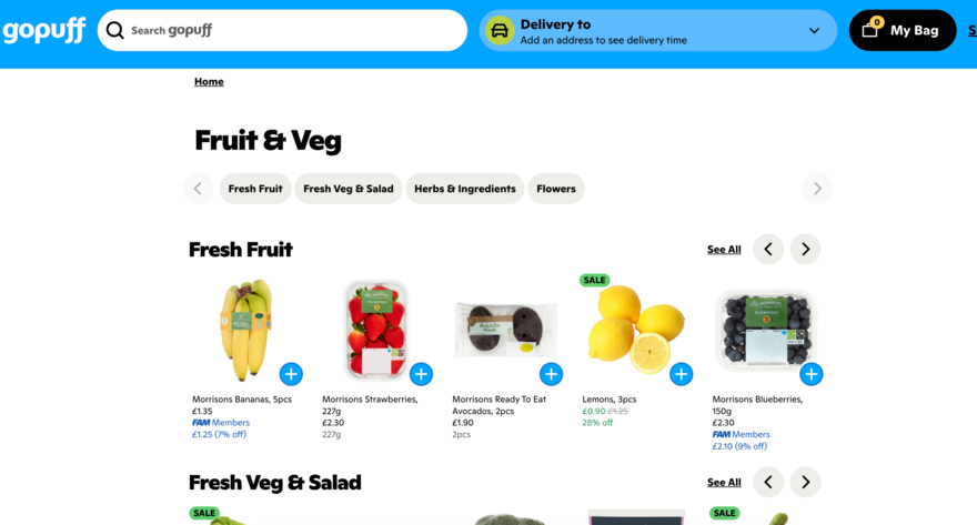 Gopuff fruit & veg Fruit & veg section of Gopuff's website.
