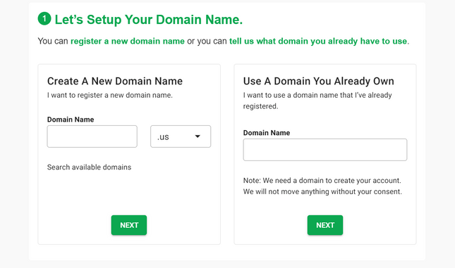 GreenGeeks' sign up process feauting two boxes: one to create a new domain, and the other to input an existing domain you own