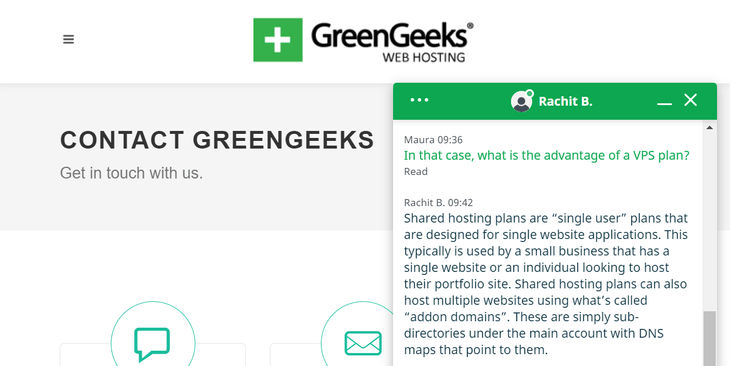 greengeeks live chat GreenGeeks live chat popup talking to help and support guru: user text is in green, guru answers in black text