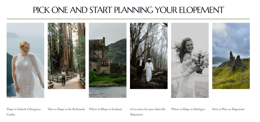 Han Designed blog Columns of elopement images above related blog posts and guides