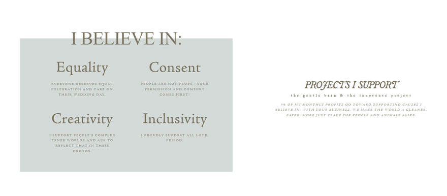 Han Designed values A white background with a grey box detailing the values of Han Designed and a paragraph of text to the right showing the projects the business supports
