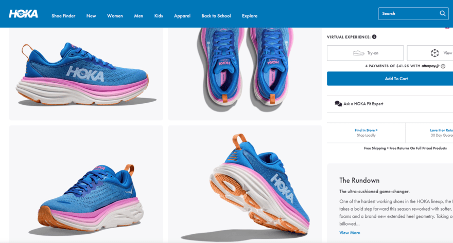 Product page for Hoka trainers, showing a selection of four product photos