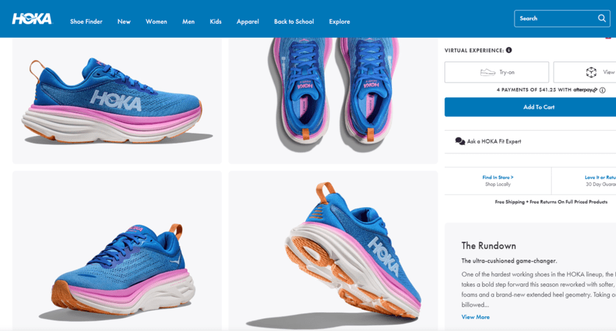Hoka shoe product photos Product page for Hoka trainers, showing a selection of four product photos