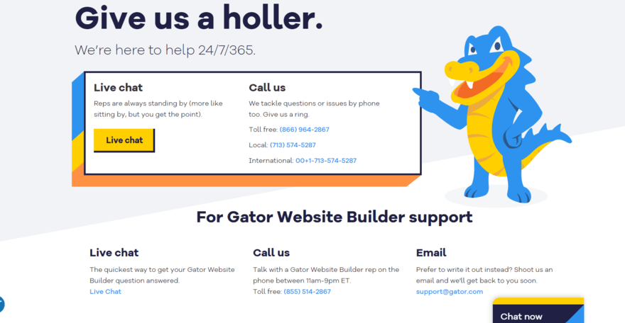 Contact page for HostGator featuring its various help channels, including a button for live chat
