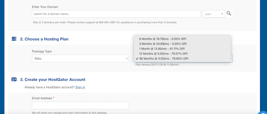 Hostgator Contract Terms The HostGator checkout page showing a gray dropdown menu with all the different terms available.
