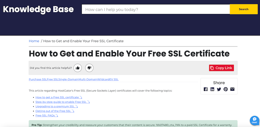 Hostgator Knowledge Base The HostGator knowledge base showing an article on how to get and enable your free SSL certificate.