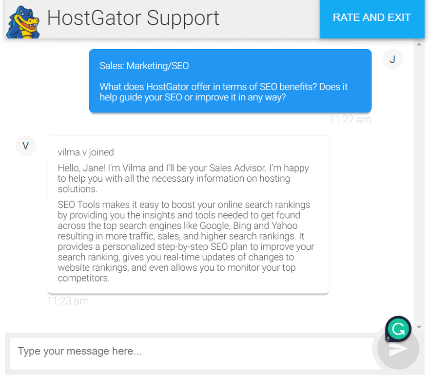 HostGator live chat HostGator live chat support screen with messages from help and support