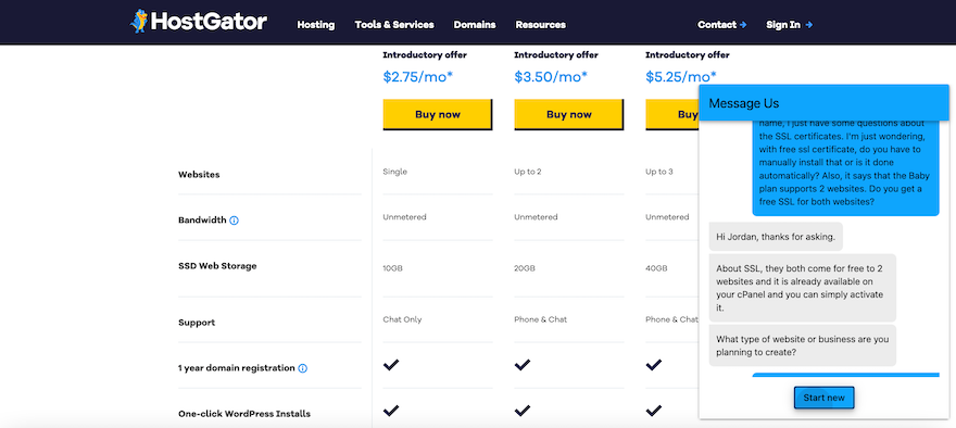 HostGator Live Chat The HostGator pricing page with a live chat box open on the right showing a conversation in progress.