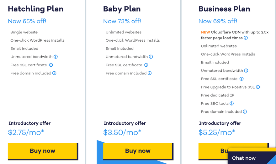 HostGator Shared Pricing Three HostGator plans showing prices and features
