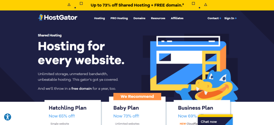 HostGator shared hosting homepage HostGator's shared hosting homepage featuring its 3 hosting plans