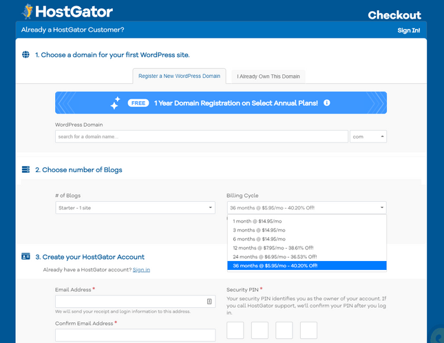 hostgator wordpress plan sign up