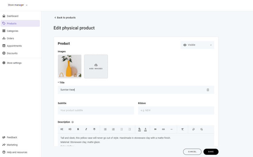 Hostinger add product Product page form to add a product to Hostinger demo website